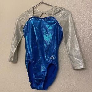 GK elite gymnastic competition leotard 3/4 sleeve teal blue silver rhinestone SA